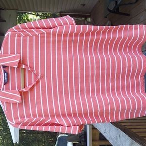 Lands End Coral  white stripe V cut Collared Linen Blend 3/4 sleeve Top Sz L